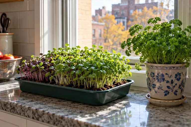 A shallow tray of young microgreens and a potted parsley plant sit on a bright kitchen windowsill.