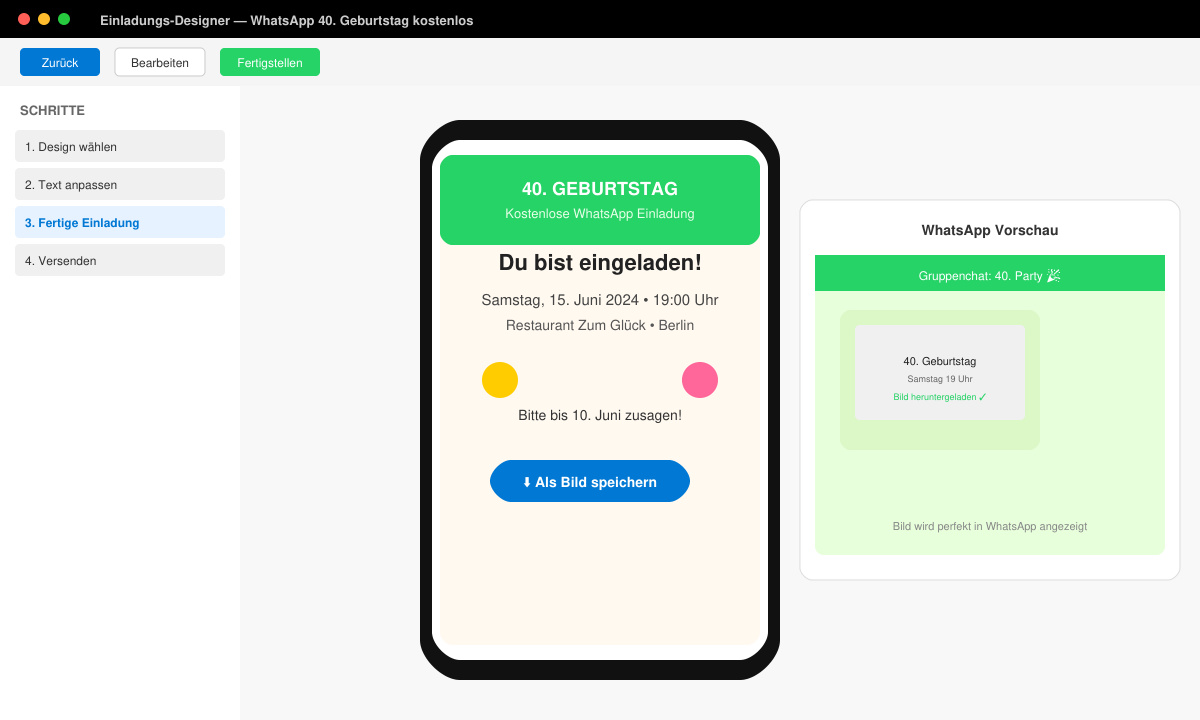 Fertige Einladung mit Download-Button und WhatsApp-Vorschau