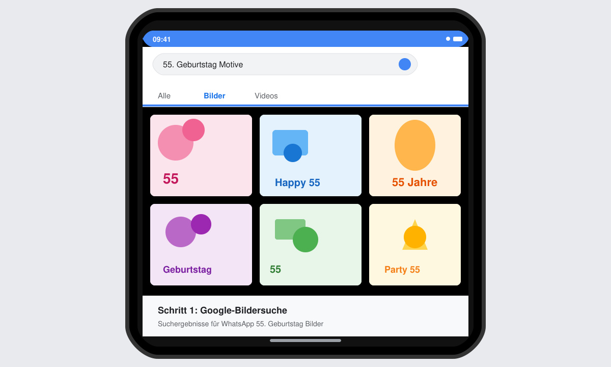 Smartphone-Bildschirm zeigt Google-Bildersuche mit Ergebnissen zu 55. Geburtstag Motiven