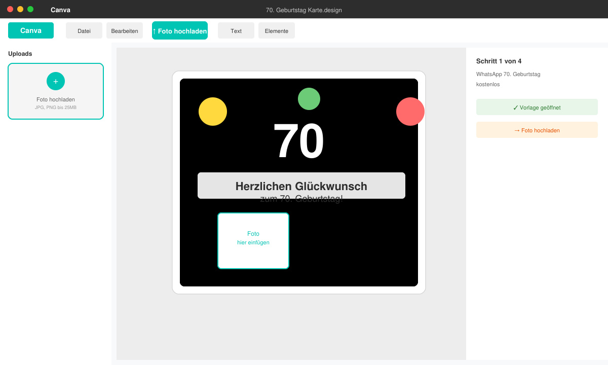 Canva Oberfläche mit Geburtstagskarte für den 70. Geburtstag