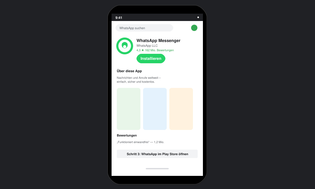 Play-Store-Bildschirm mit WhatsApp-Installationsbutton auf einem Smartphone