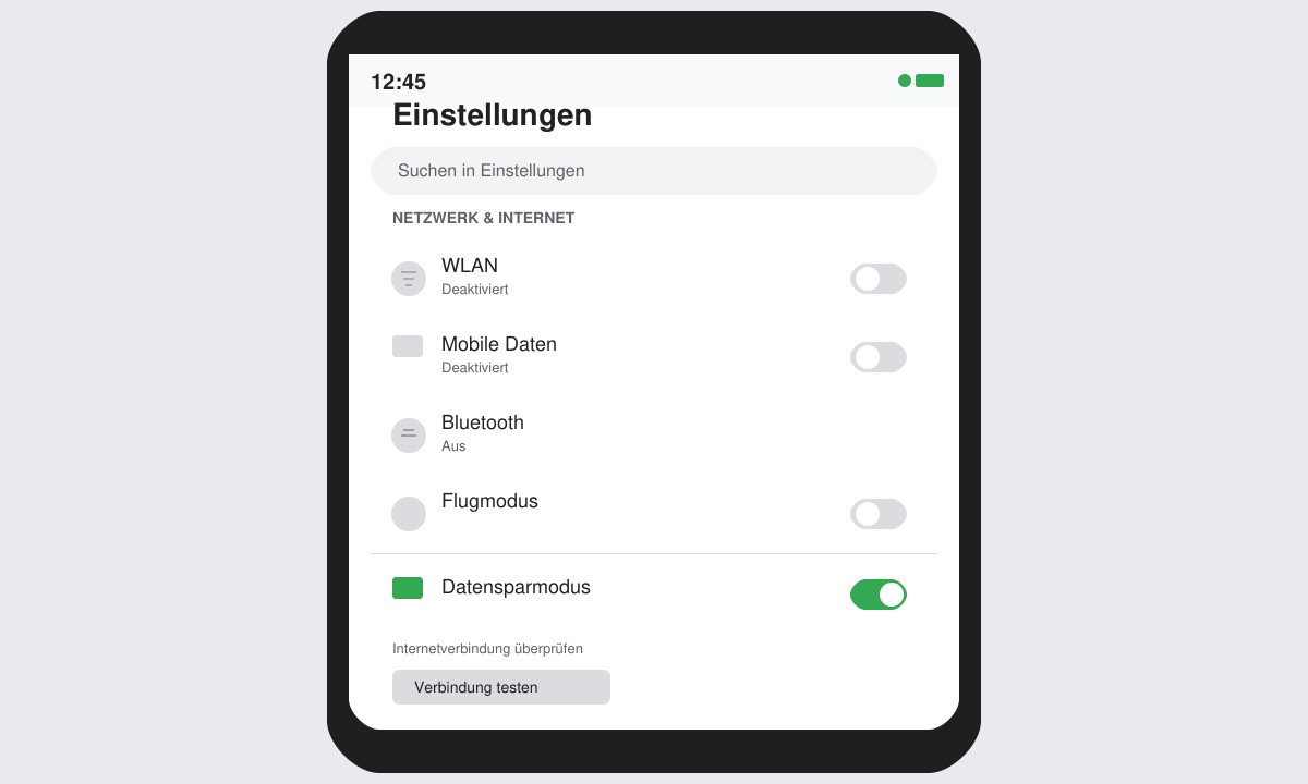 Smartphone-Einstellungen mit deaktiviertem WLAN und mobilen Daten