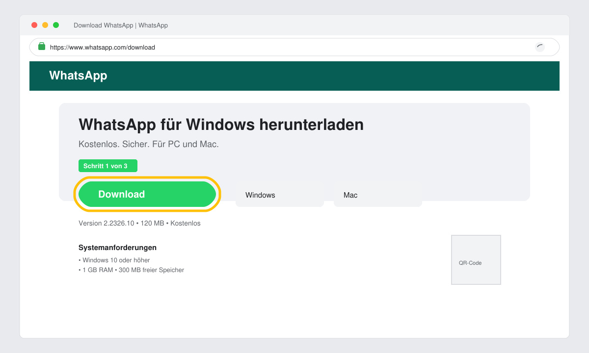 Browserfenster mit der offiziellen WhatsApp-Download-Seite und hervorgehobenem Download-Button