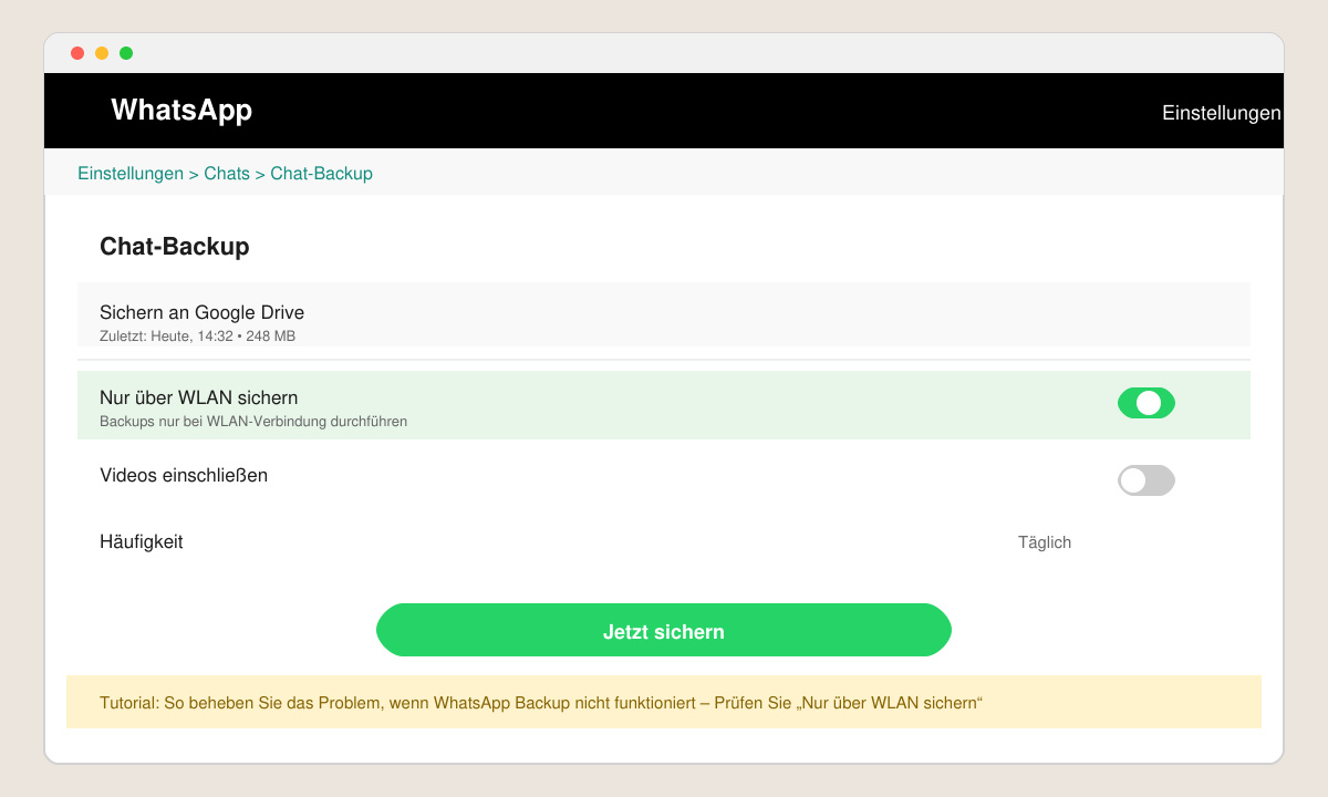WhatsApp Chat-Backup Menü mit der Option Nur über WLAN sichern