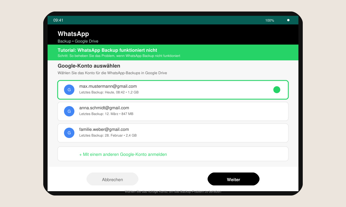 Bildschirm mit WhatsApp Backup Kontoauswahl für Google Drive