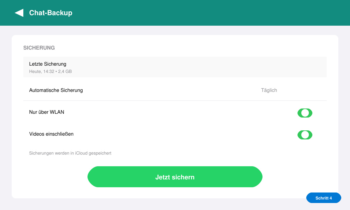 WhatsApp Chat-Backup Einstellungen mit Jetzt sichern Button