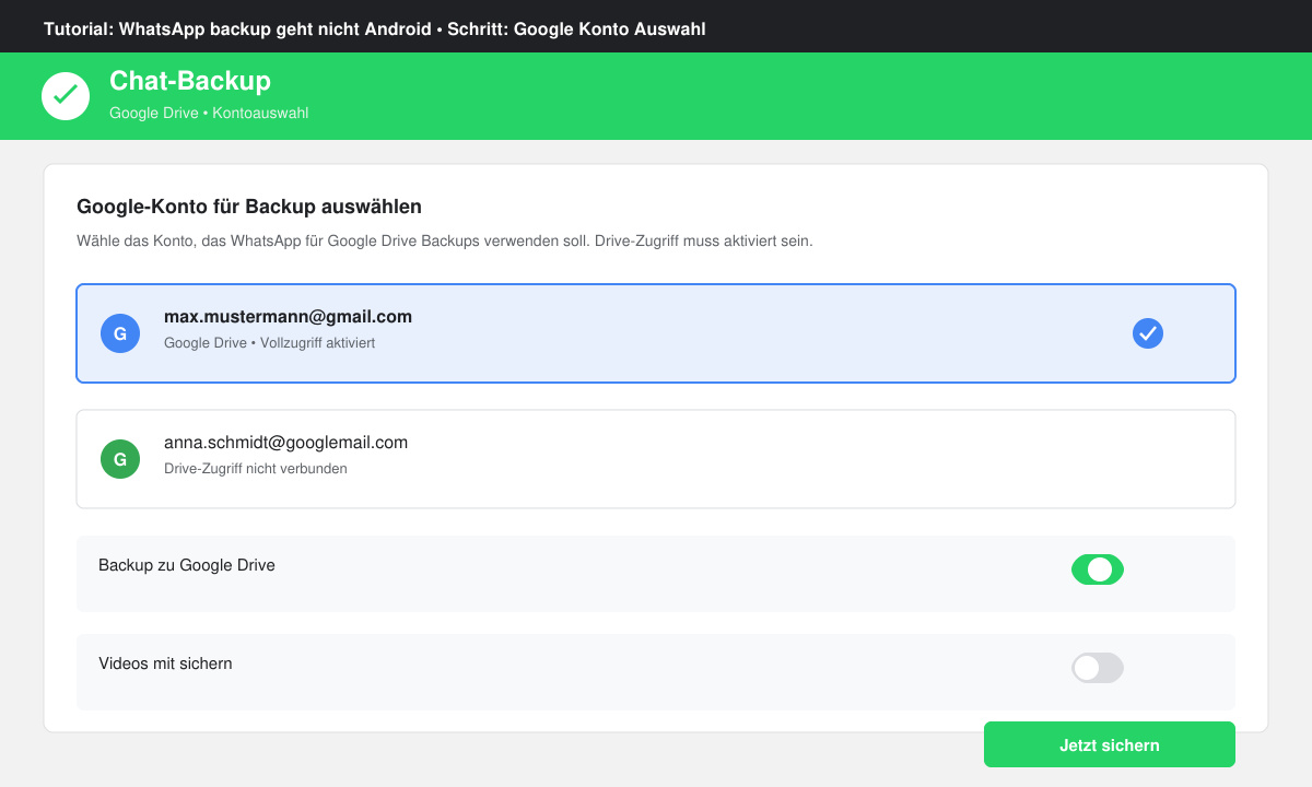 Google Konto Auswahl im WhatsApp Backup Menü