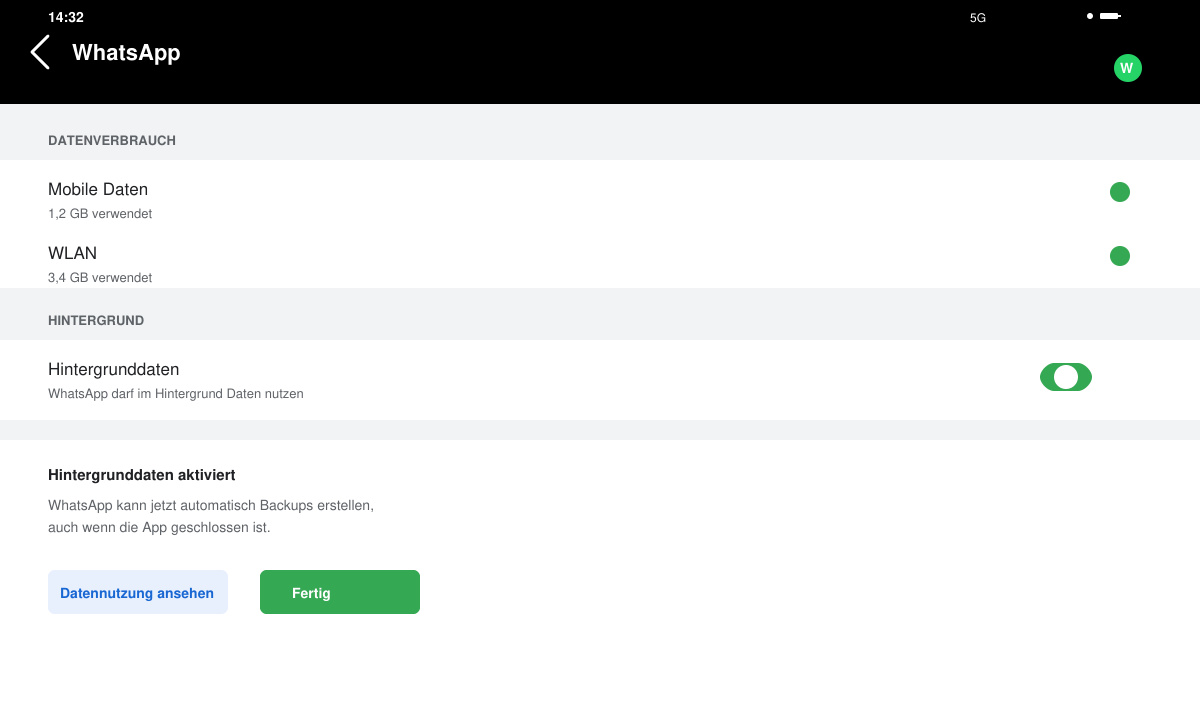 WhatsApp Backup geht nicht obwohl genug Speicher – Hintergrunddaten aktivieren
