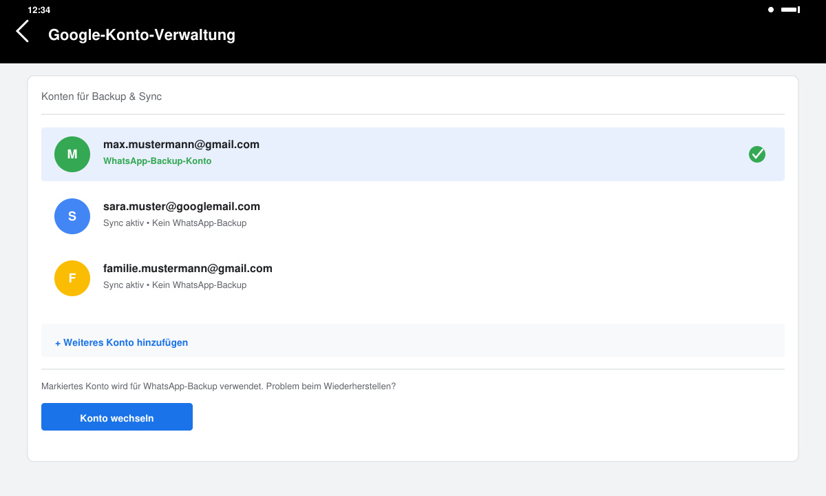 Google-Konto-Verwaltung in Android-Einstellungen mit markiertem WhatsApp-Backup-Konto