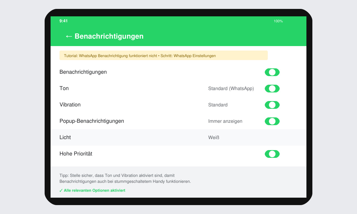 WhatsApp-Einstellungsmenü mit aktivierten Benachrichtigungsoptionen und Ton-Auswahl