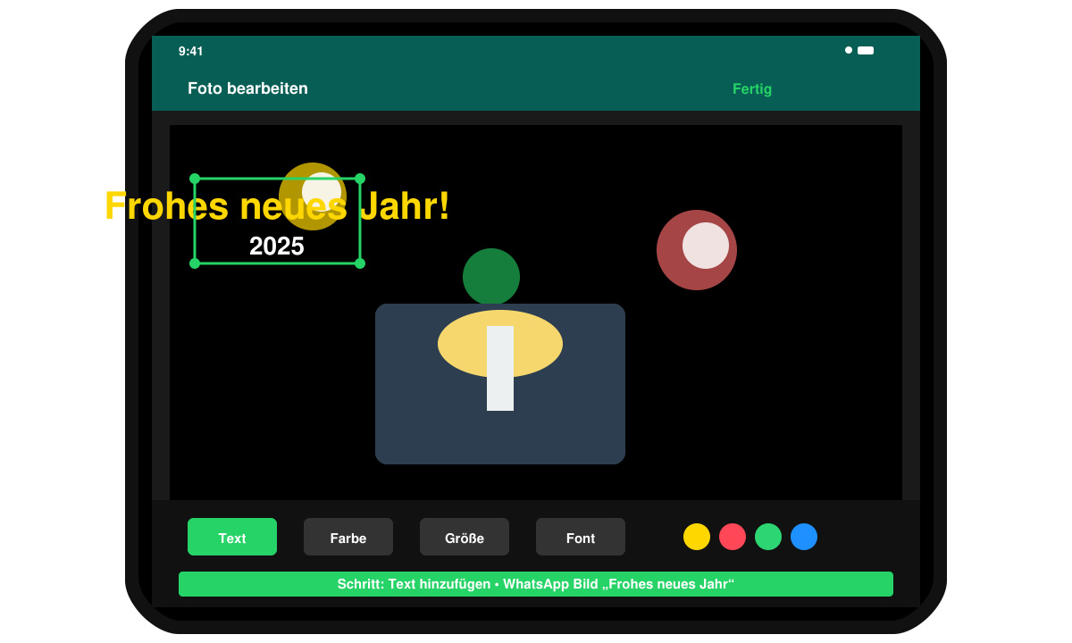 Smartphone-Bildschirm mit geöffneter Bildbearbeitungs-App, in der ein Foto mit Neujahrstext bearbeitet wird