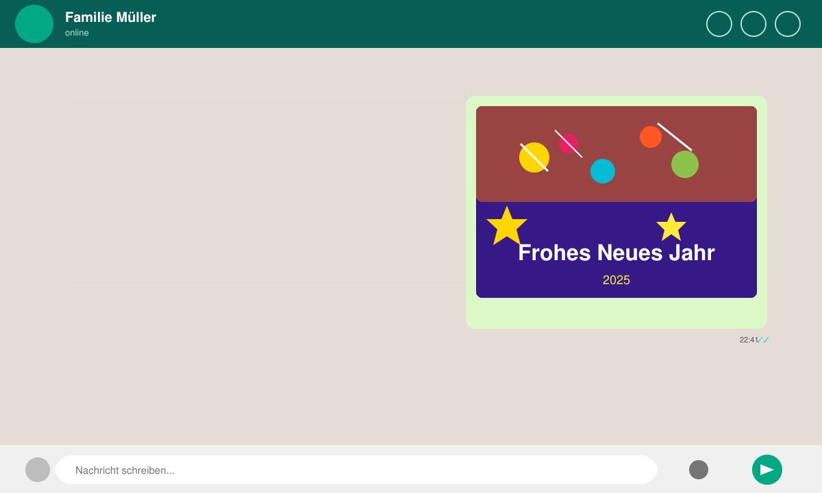 WhatsApp-Chat-Fenster mit einem versendeten bunten Neujahrsbild und dem Text „Frohes Neues Jahr“