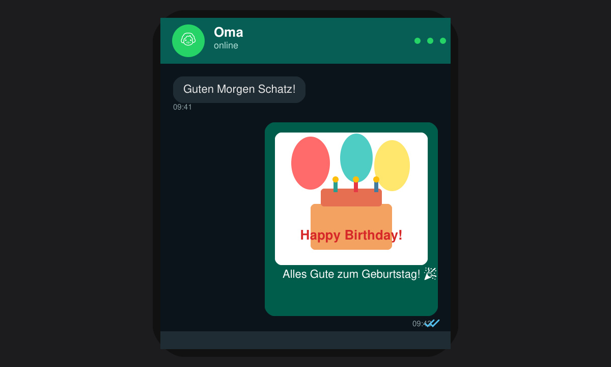 WhatsApp Chat mit versendetem Geburtstagsbild und Textnachricht