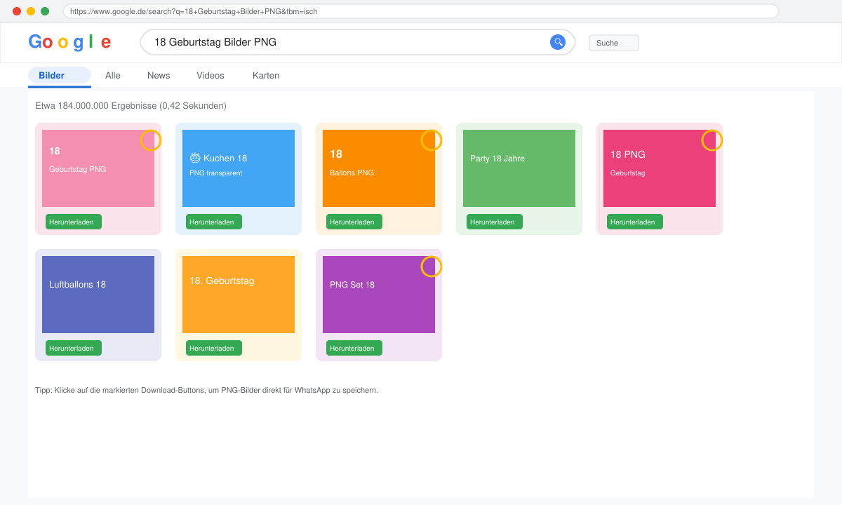 Screenshot einer Google-Bildersuche mit den Begriffen „18 Geburtstag Bilder PNG“ und markierten Download-Buttons
