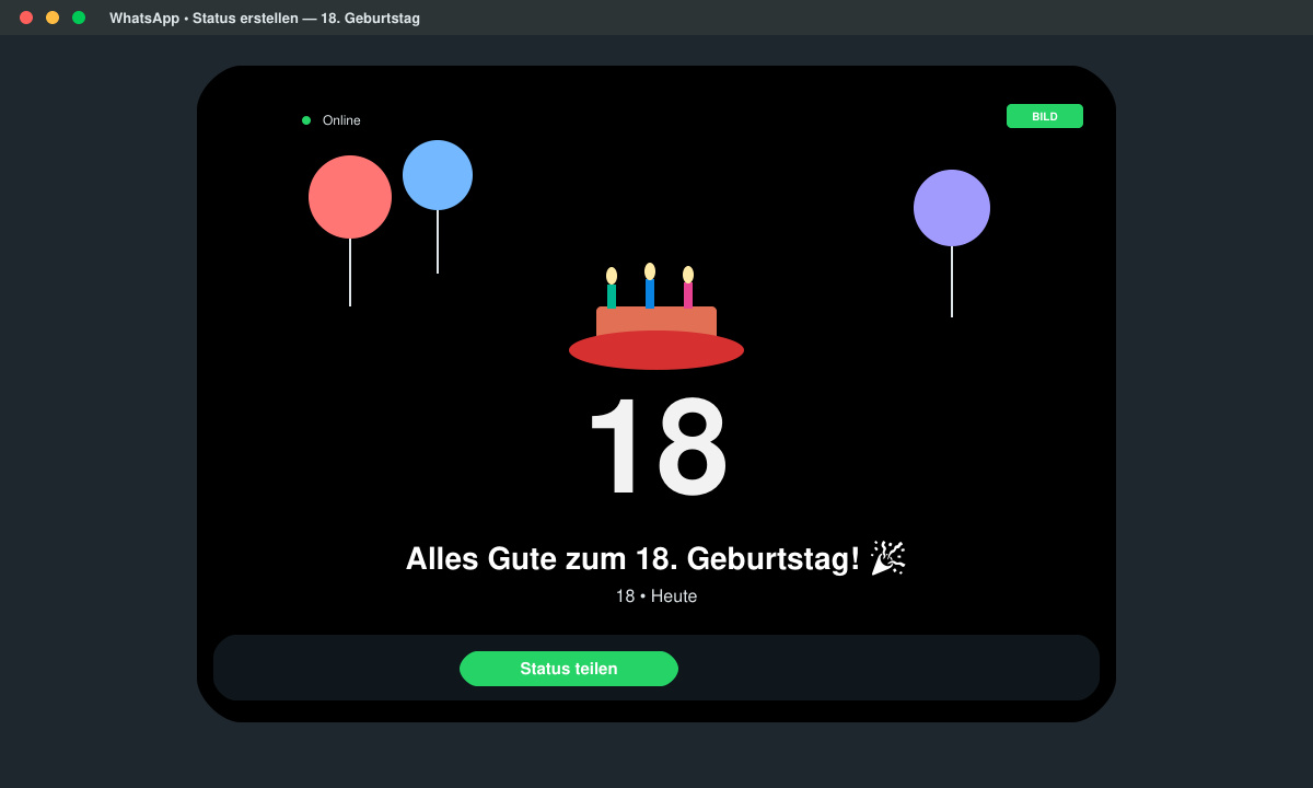 WhatsApp-Status-Erstellungsfenster mit ausgewähltem 18. Geburtstagsbild und Textfeld