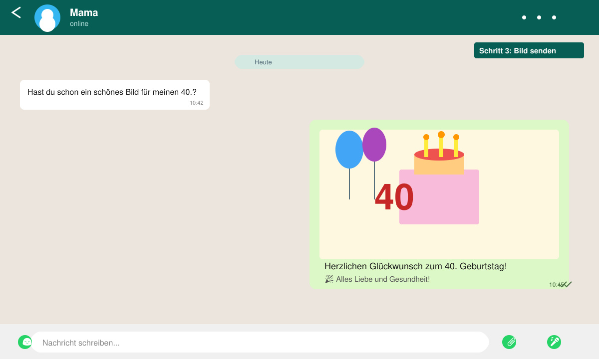 WhatsApp-Chat-Fenster mit einem versendeten Geburtstagsbild und Glückwunschtext