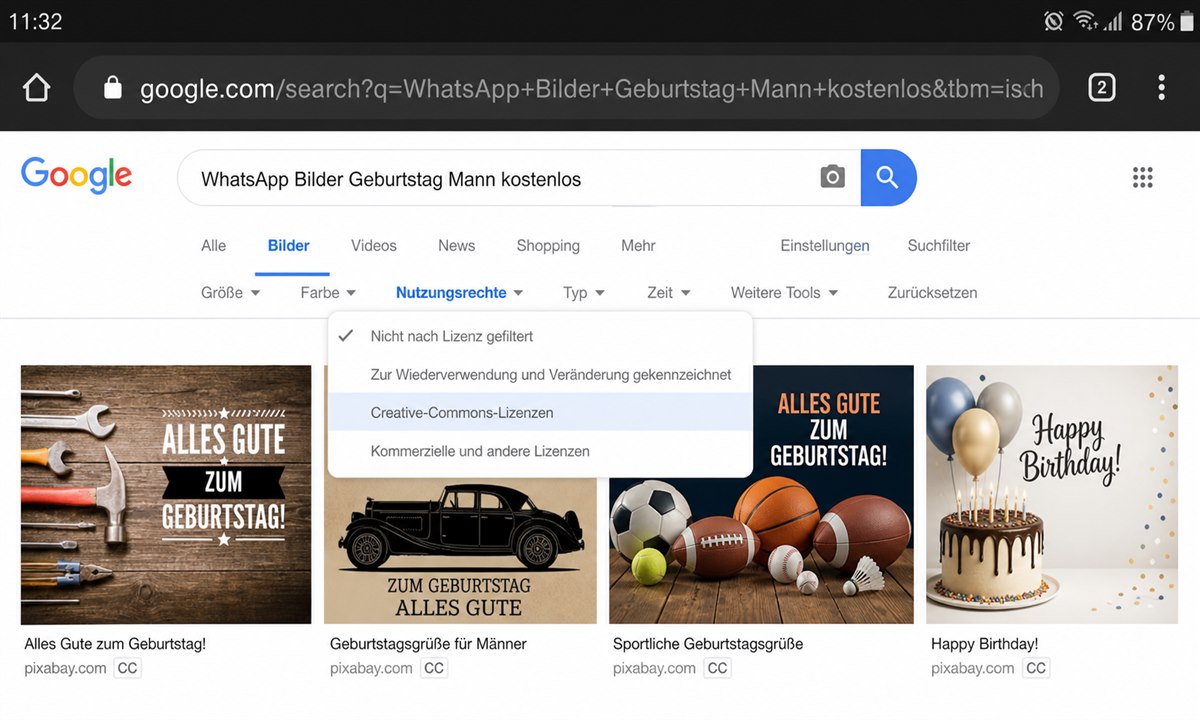Suchmaschinenergebnisse mit Vorschaubildern zu Geburtstagsmotiven für Männer