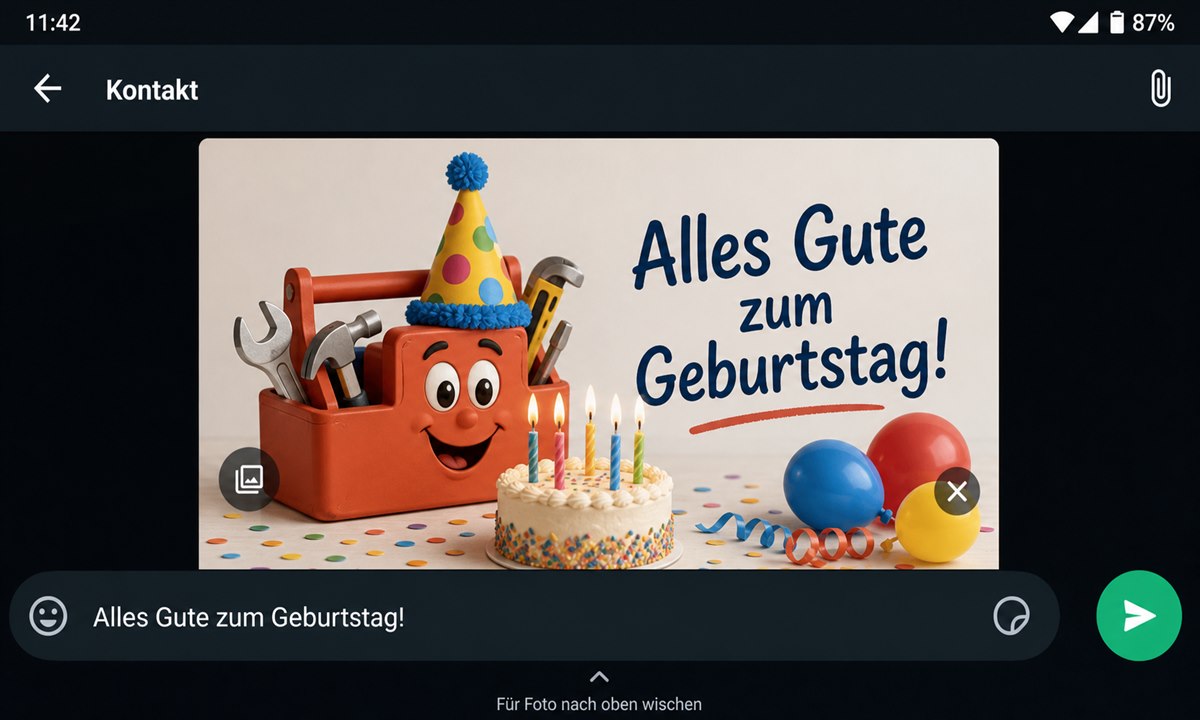 WhatsApp-Chat-Fenster mit ausgewähltem Geburtstagsbild für einen Mann vor dem Versenden