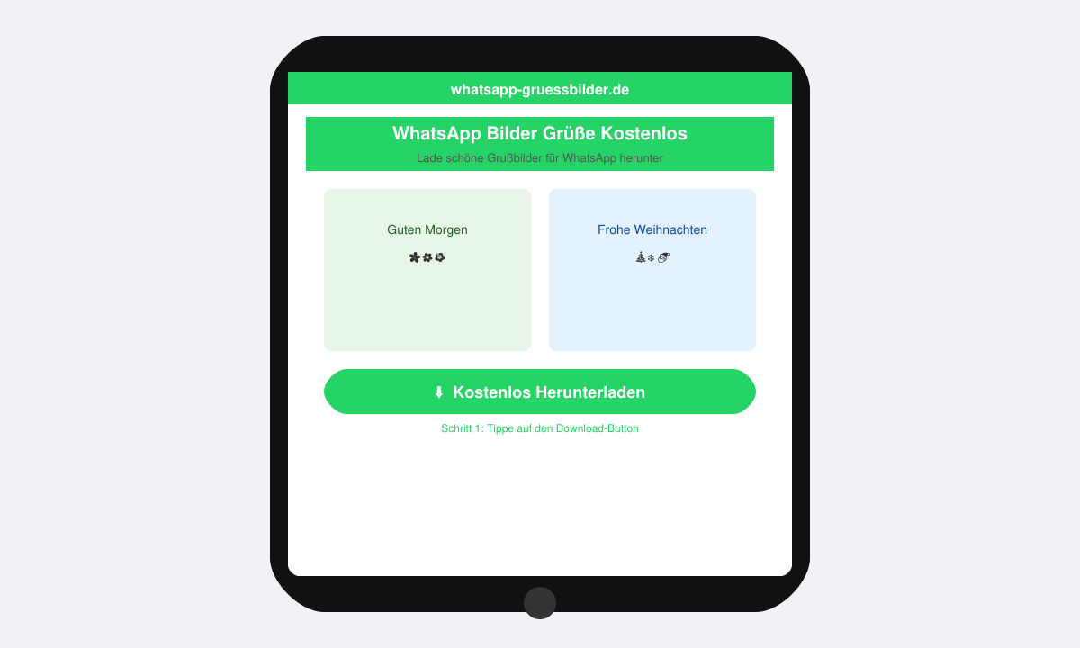 Smartphone-Bildschirm zeigt Download-Button für ein Grußbild auf einer Website