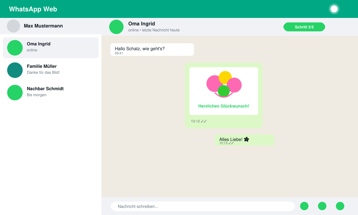 WhatsApp-Chat-Fenster mit versendetem Grußbild und kurzer Nachricht