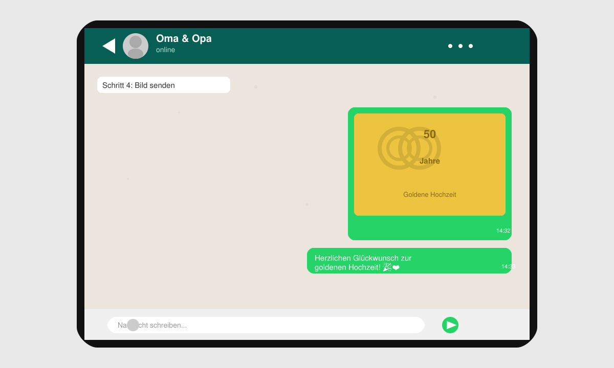 WhatsApp-Chat-Fenster mit gesendetem goldenen Hochzeitsbild und Glückwunschtext