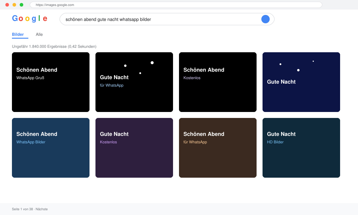 Google-Suchergebnisseite mit Bildern zu Schönen Abend und Gute Nacht für WhatsApp