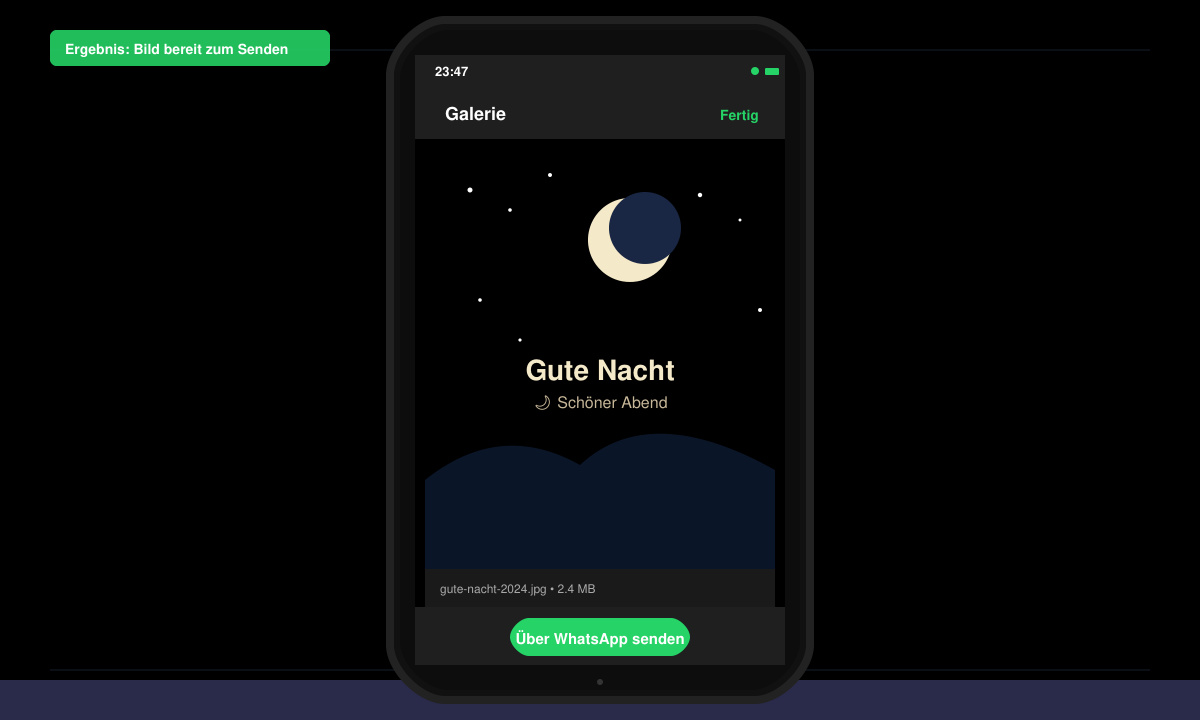 Smartphone-Bildschirm mit heruntergeladenem Gute-Nacht-Bild, das in der Galerie angezeigt wird
