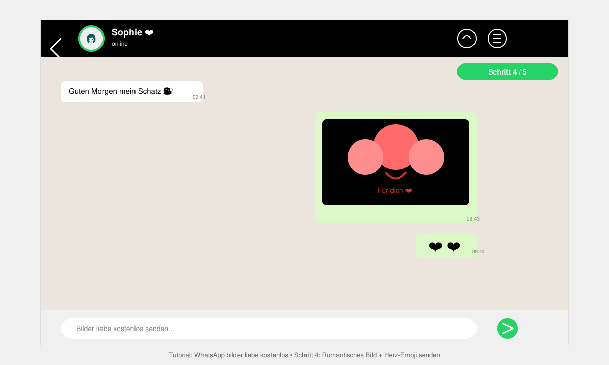 WhatsApp Chat-Fenster mit einem versendeten romantischen Bild und Herz-Emoji