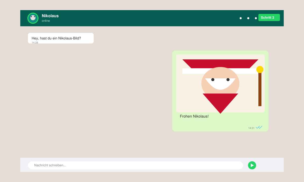 WhatsApp-Chat mit versendetem Nikolaus-Bild und kurzem Grußtext