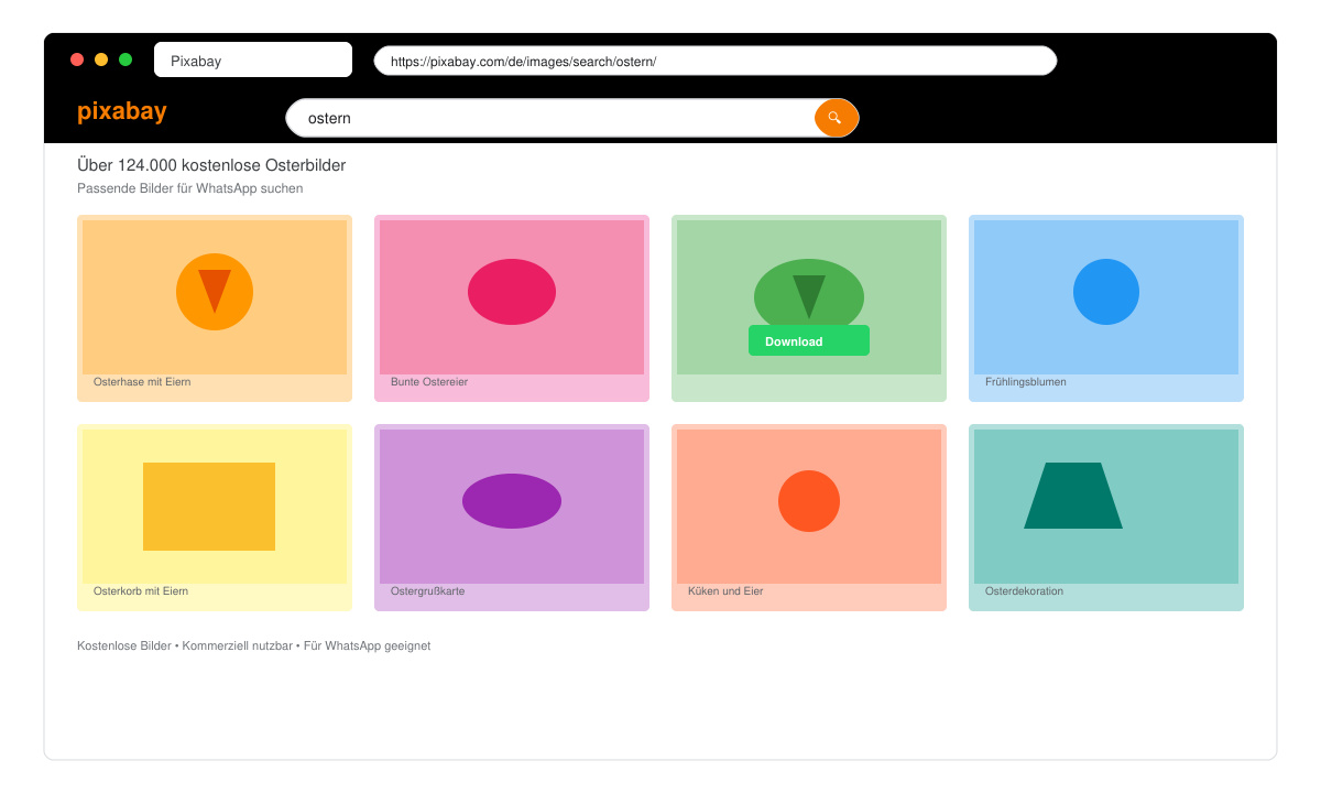 Close-up of a browser window on Pixabay showing Easter image search results and download button