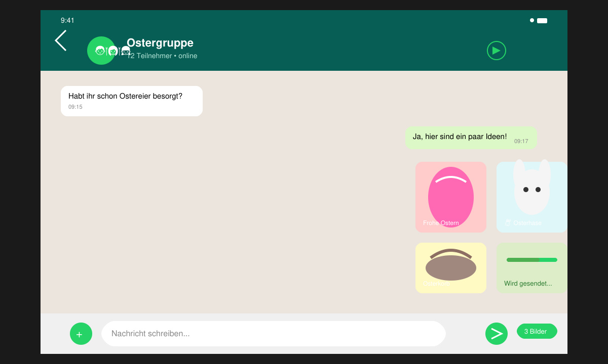 WhatsApp chat window with Easter pictures being selected from the gallery and sent