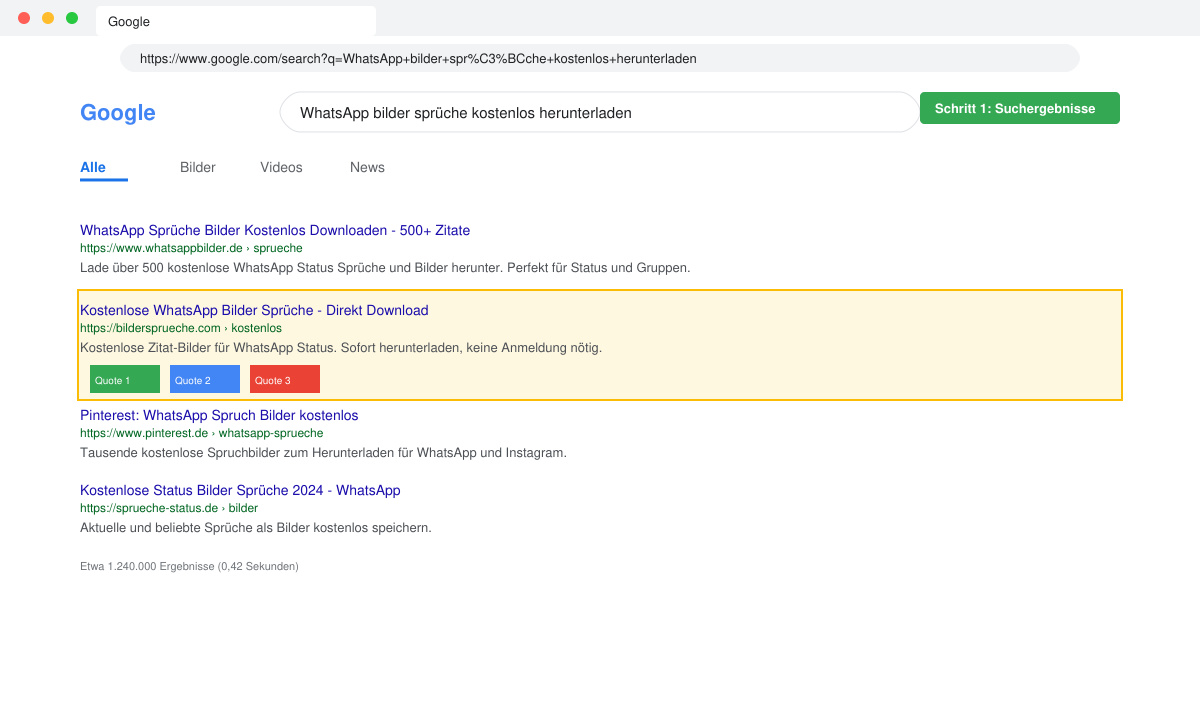 Close-up of a browser search results page highlighting free quote images for WhatsApp