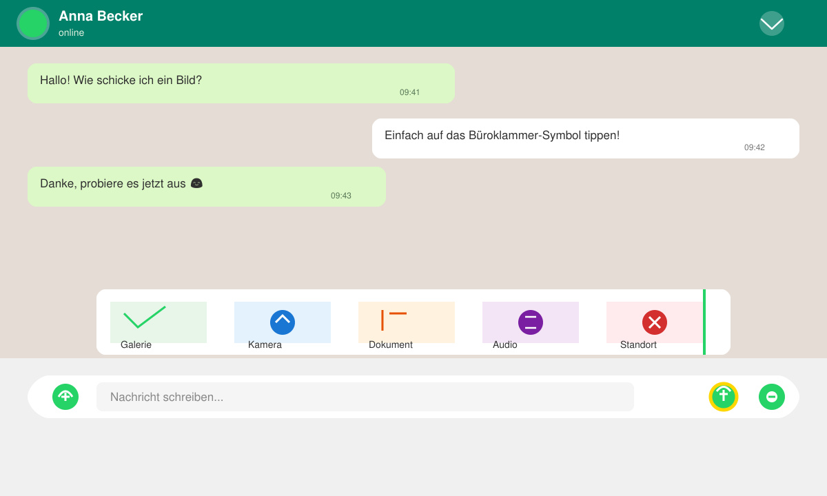 Nahaufnahme des WhatsApp-Chats mit hervorgehobener Papierklammer-Symbolleiste