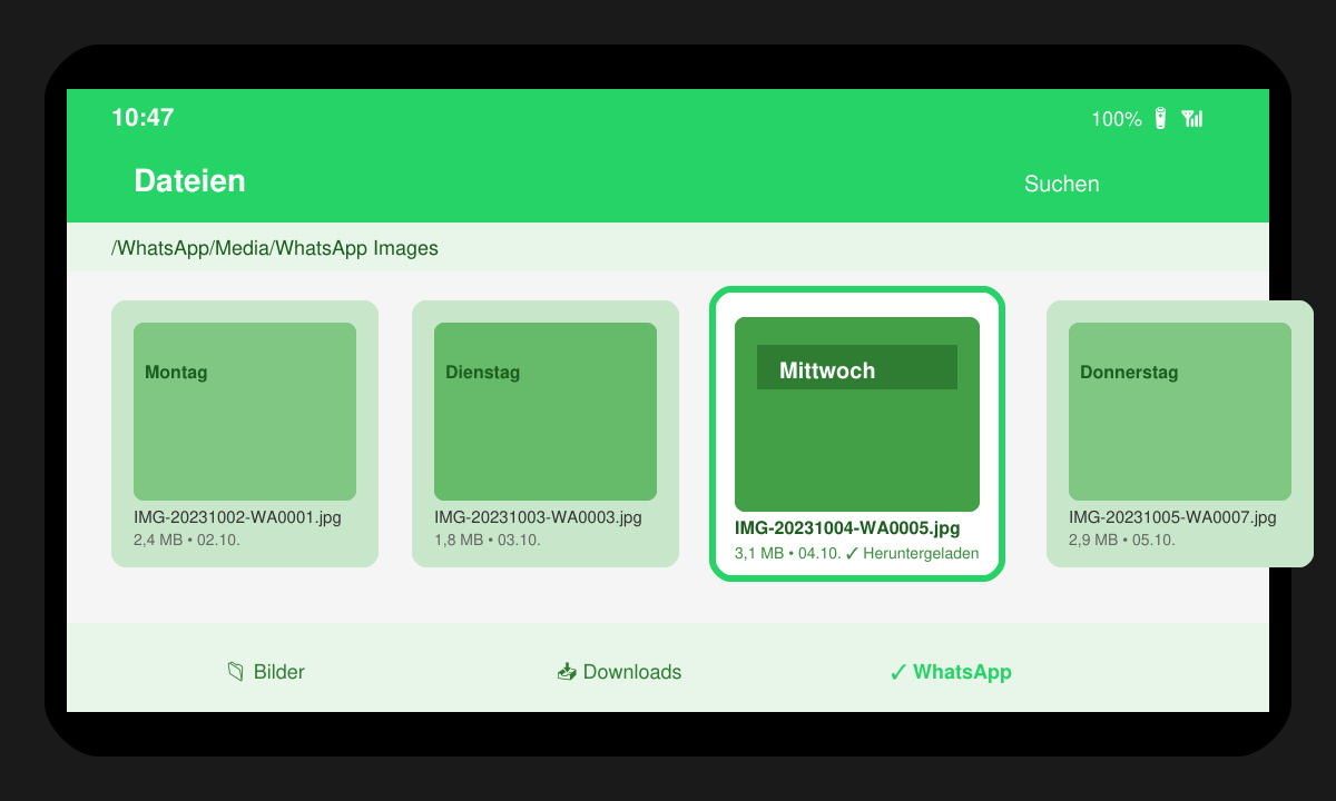 Heruntergeladenes WhatsApp-Bild für einen Wochentag im Ordner des Smartphones