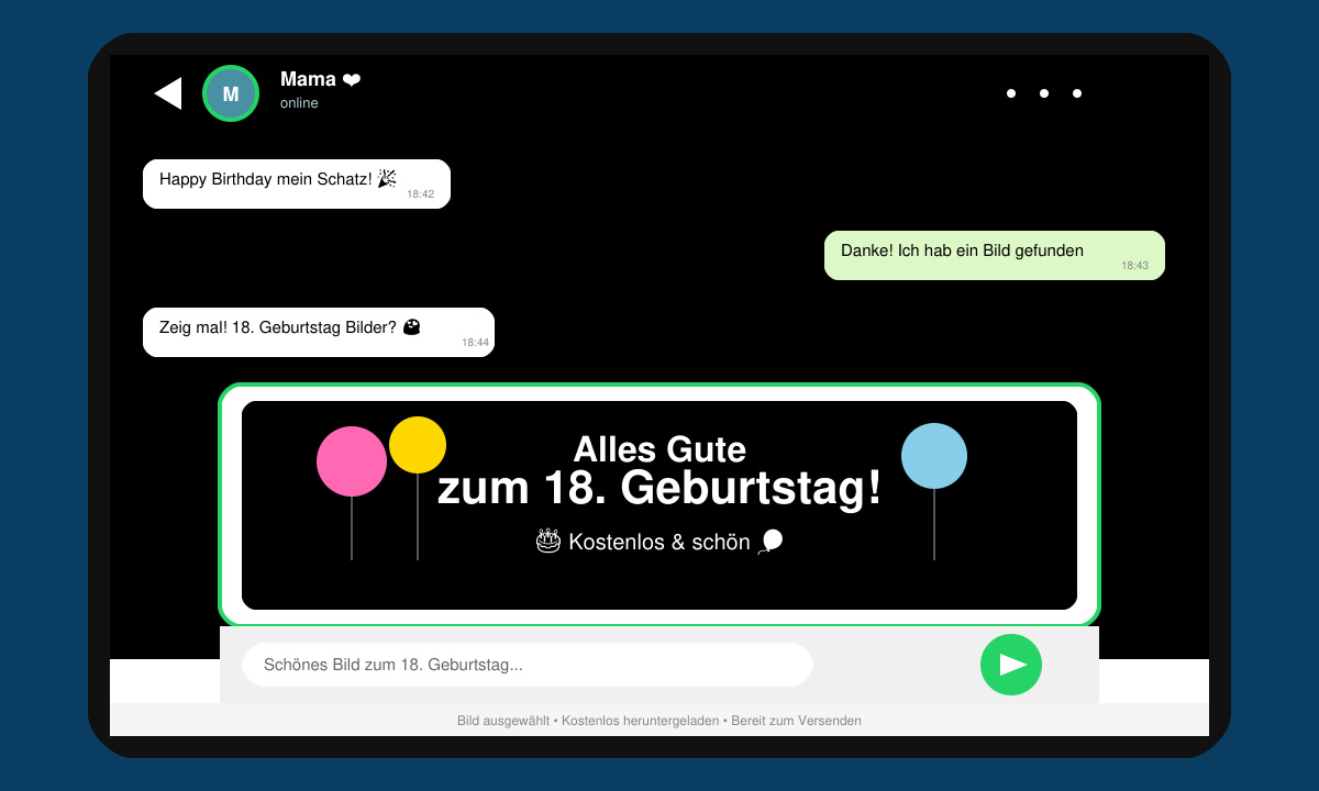 WhatsApp-Chat-Fenster mit ausgewähltem 18. Geburtstagsbild vor dem Versenden