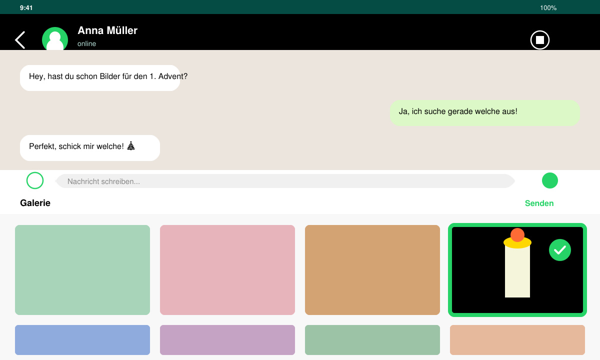 WhatsApp-Chat-Fenster mit geöffneter Galerie und ausgewähltem Adventsbild