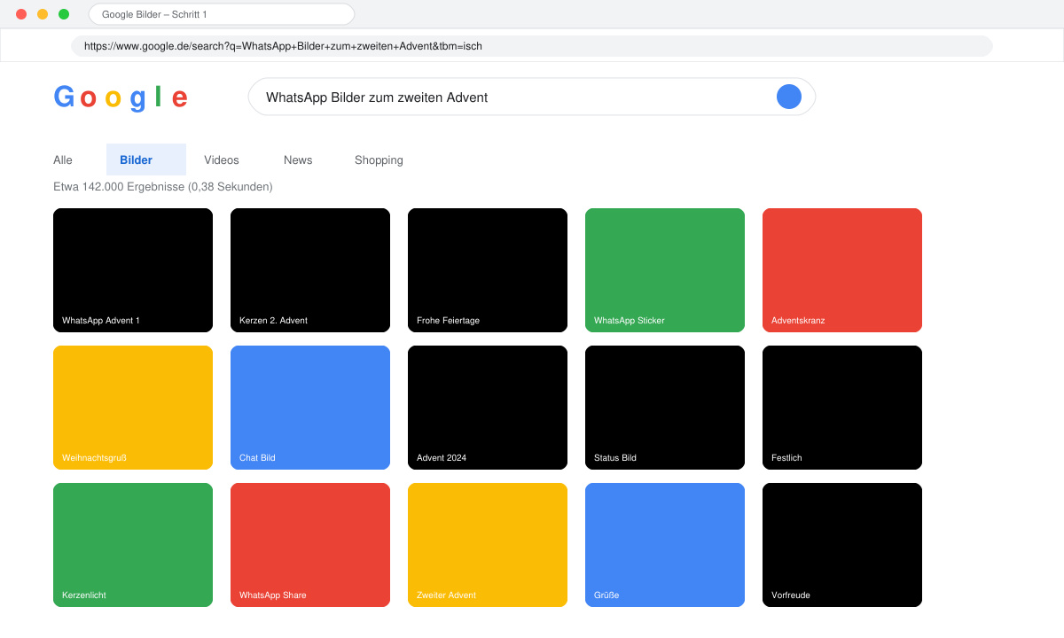 Google-Bildersuche mit dem Begriff WhatsApp Bilder zum zweiten Advent und angezeigten Ergebnissen