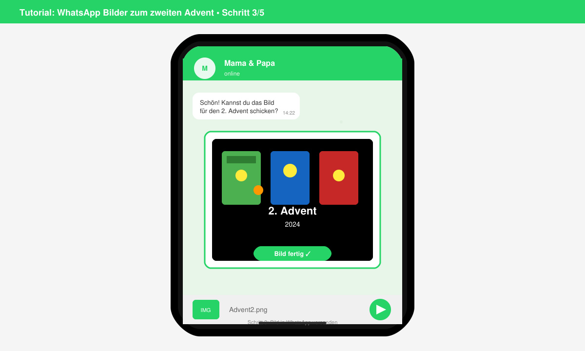 Fertiges Adventsbild auf dem Handy-Bildschirm, bereit zum Versenden in WhatsApp