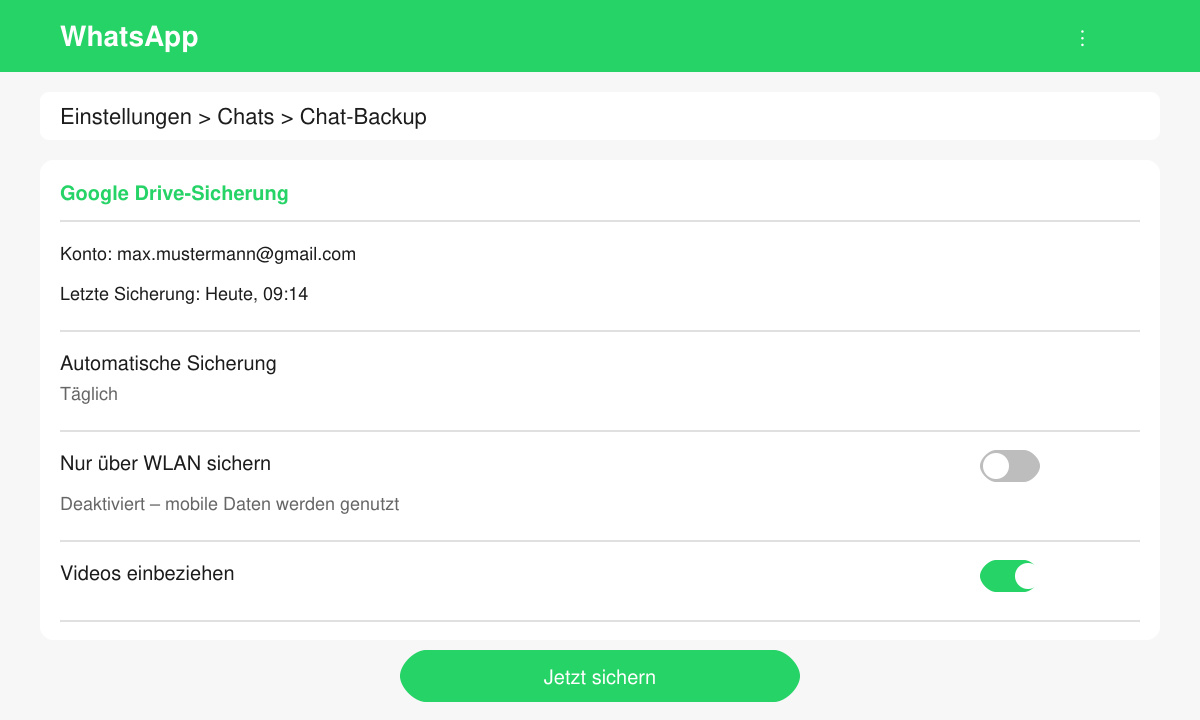 Bildschirm mit WhatsApp-Backup-Einstellungen, bei denen die WLAN-Option deaktiviert wird
