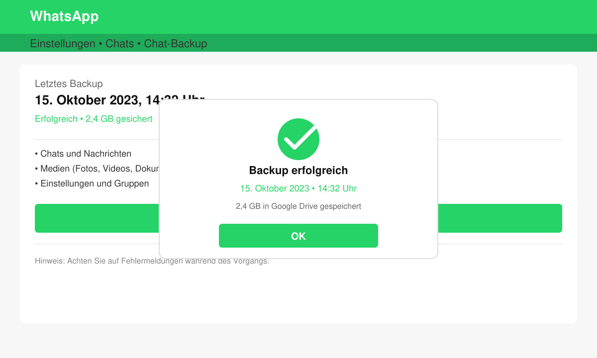 Erfolgreiche Backup-Bestätigung in WhatsApp mit Datum und Uhrzeit