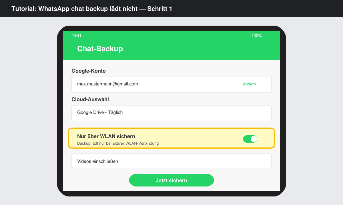 WhatsApp-Backup-Einstellungsbildschirm mit hervorgehobener WLAN-Option