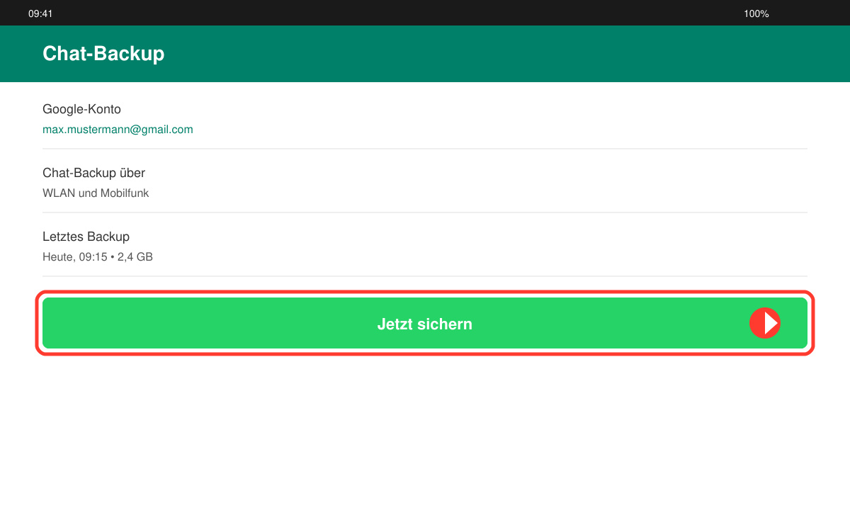 WhatsApp-Einstellungsmenü mit hervorgehobener Chat-Backup-Schaltfläche auf einem Android-Gerät