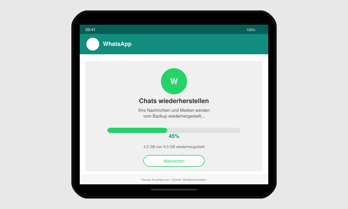 WhatsApp-Wiederherstellungsbildschirm auf einem neuen Smartphone mit Fortschrittsanzeige