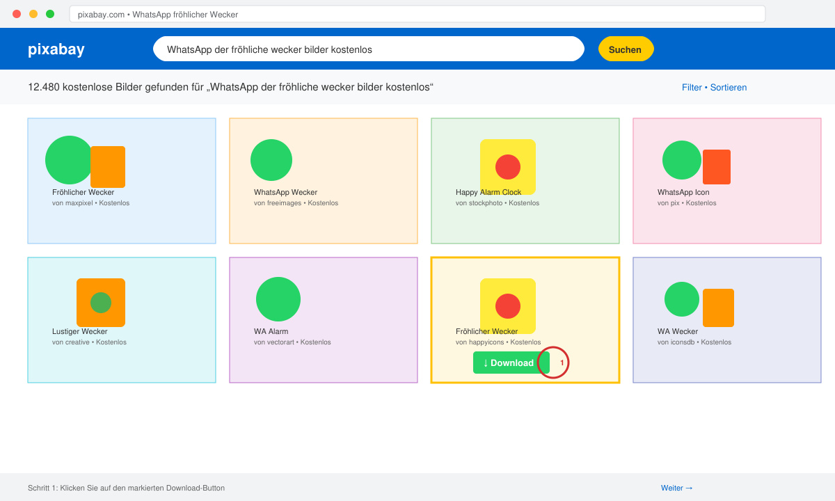 Screenshot der Suchergebnisse auf einer kostenlosen Bilddatenbank mit markiertem Download-Button
