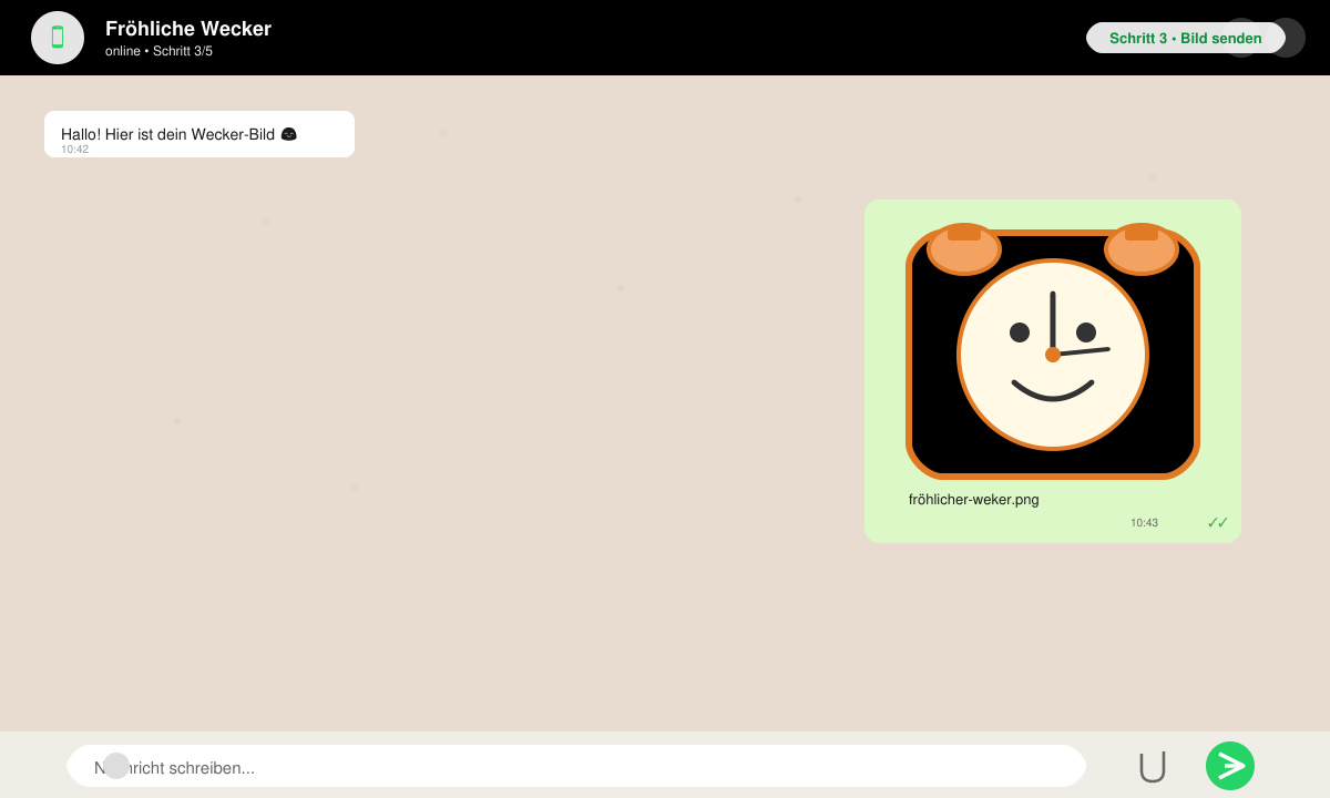 WhatsApp-Chat mit gesendetem fröhlichem Wecker-Bild und sichtbarem Sende-Button