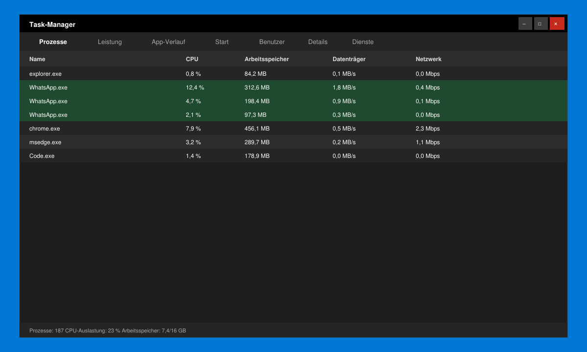 Task-Manager mit markierten WhatsApp-Prozessen auf einem Windows-Bildschirm