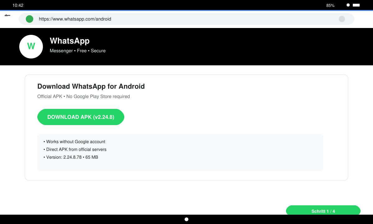 Android-Browser zeigt die WhatsApp-Download-Seite mit grünem Download-Button