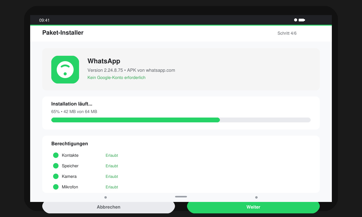 Installationsbildschirm von WhatsApp auf Android mit Fortschrittsbalken