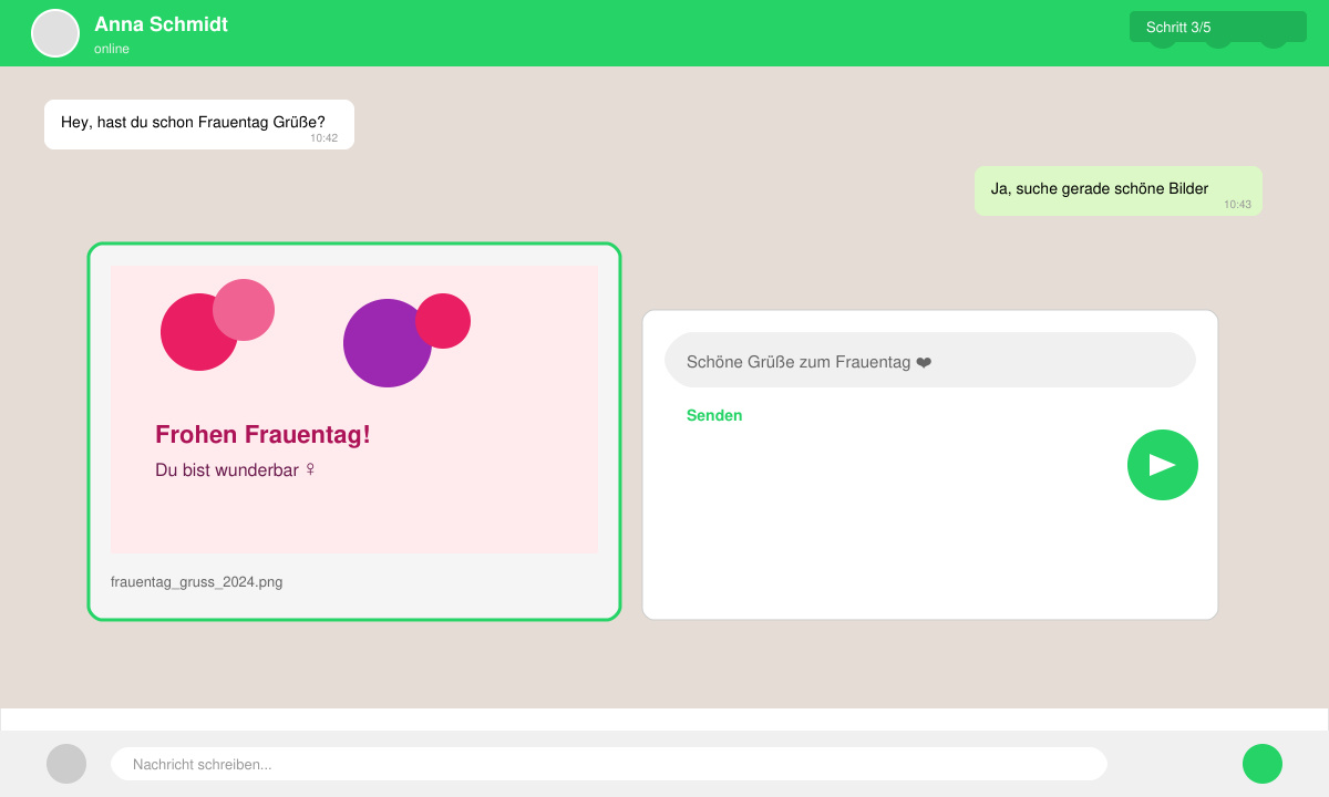 WhatsApp Chat mit ausgewähltem Frauentag Bild und Senden-Button