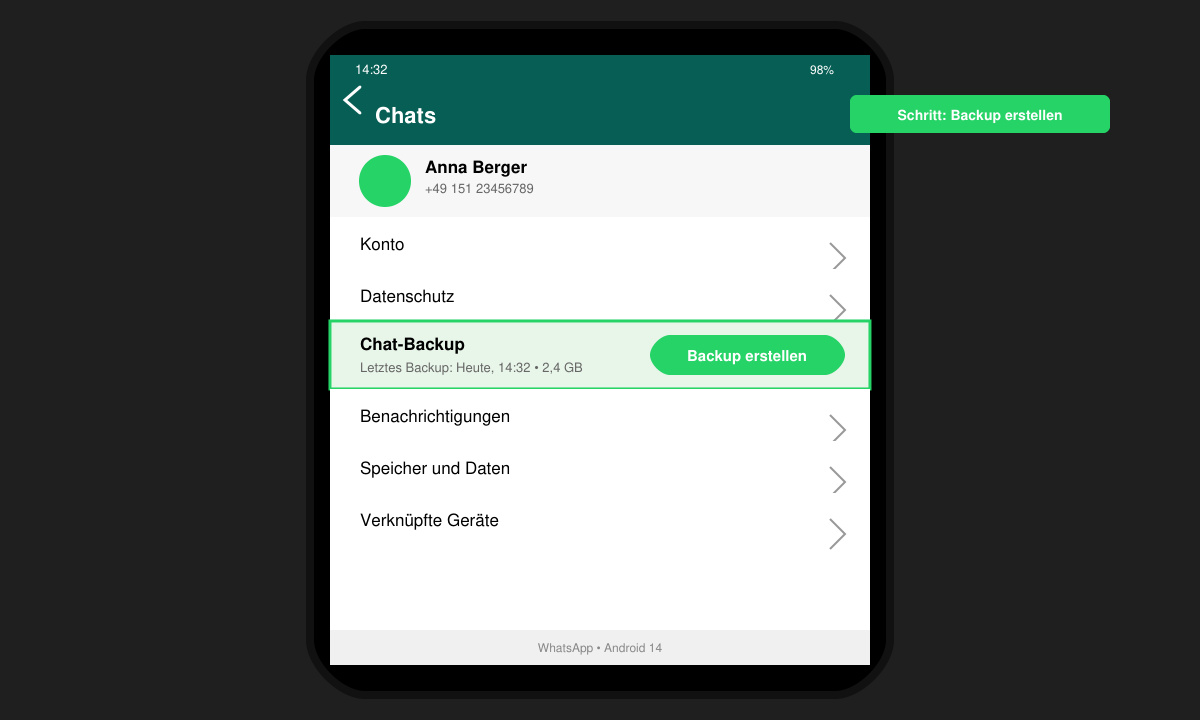 WhatsApp-Einstellungsmenü mit hervorgehobener Chat-Backup-Option auf einem Android-Handy